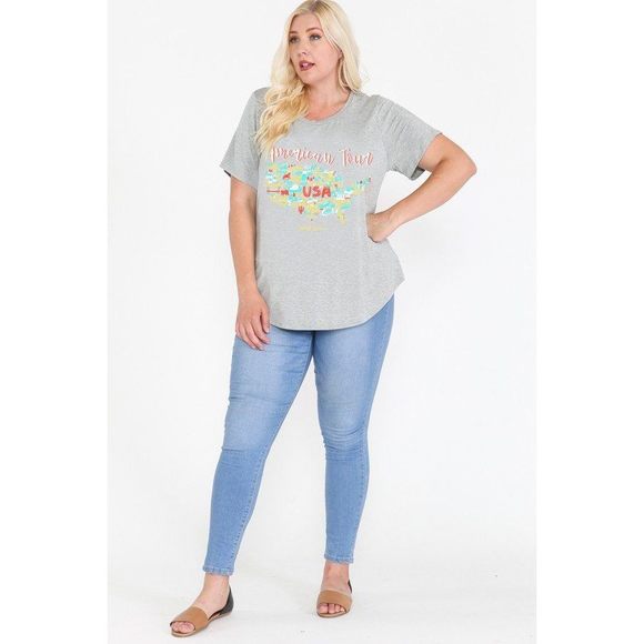 Usa Tour Graphic Round Hem Short Sleeve Top - Picture 2 of 7